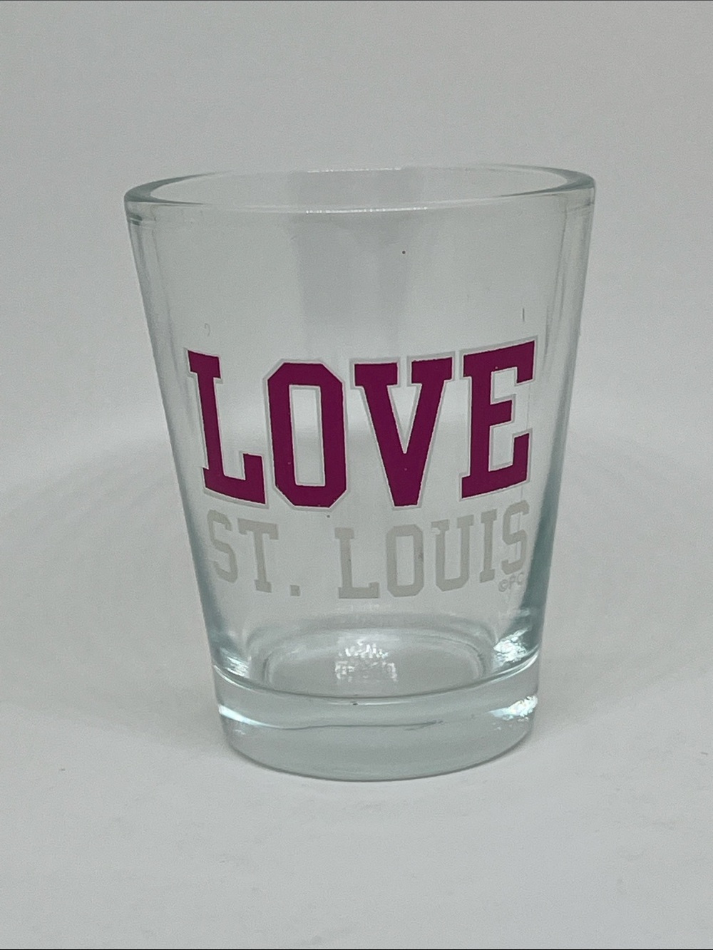 Clear Shot Glass with Pink LOVE and White St. Louis Lettering - Picture 1 of 1